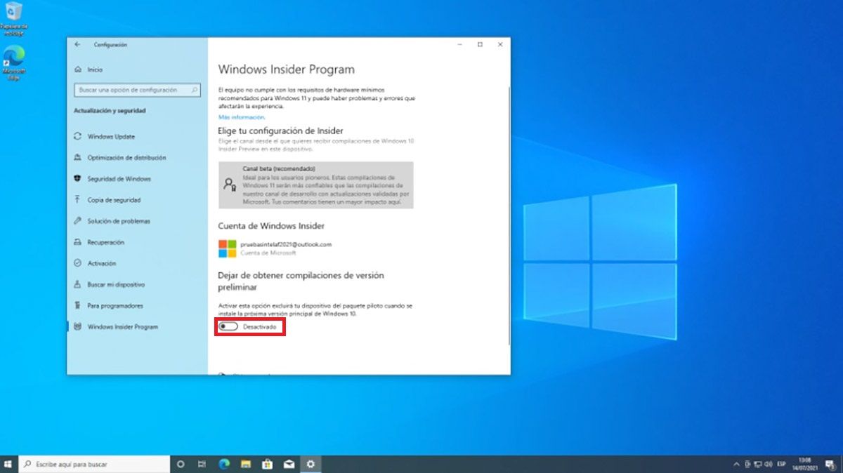 actualizar de windows 10 a windows 11 beta insider desactivado