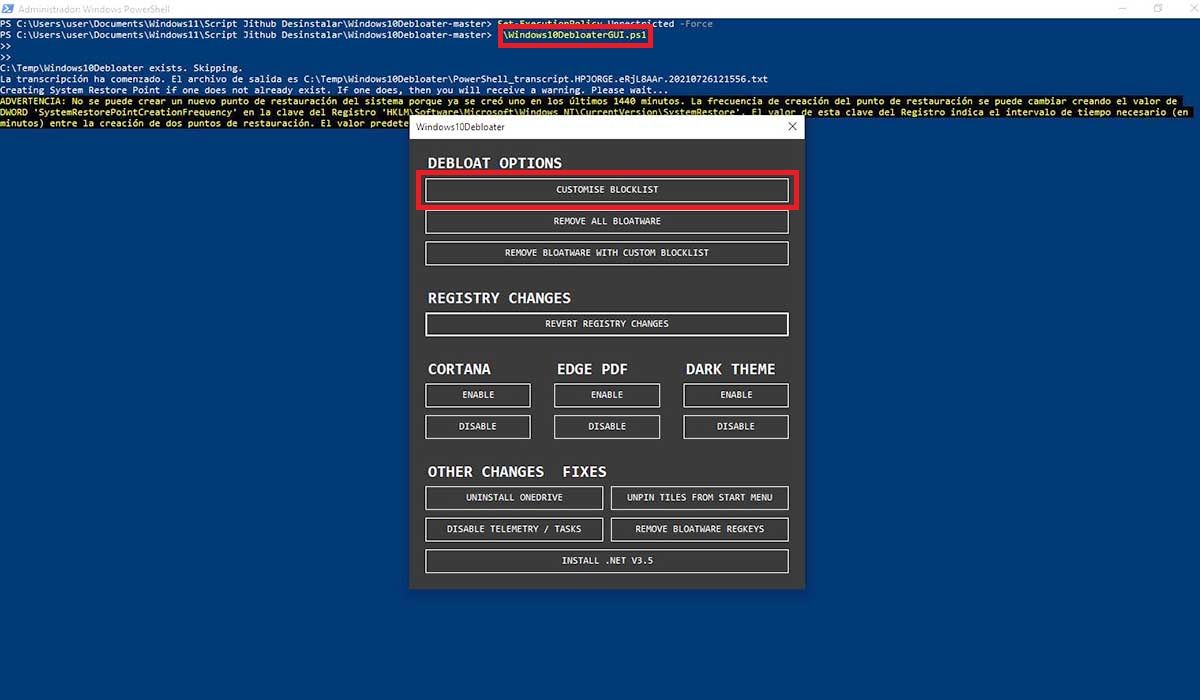 desinstalar Windows 11 script gitgub activar debloat options