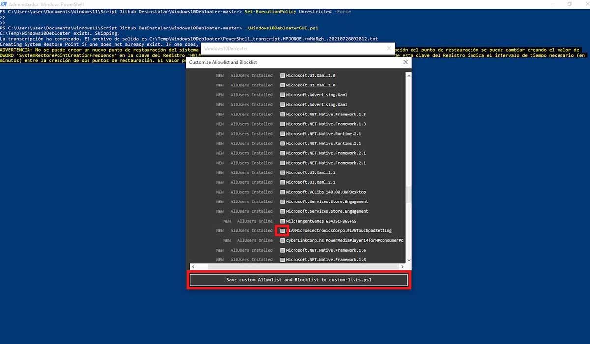 desinstalar Windows 11 script gitgub lista apps y guardar