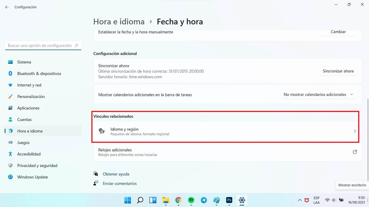 cambiar fecha y hora en Windows 11 manual vinculos relacionados