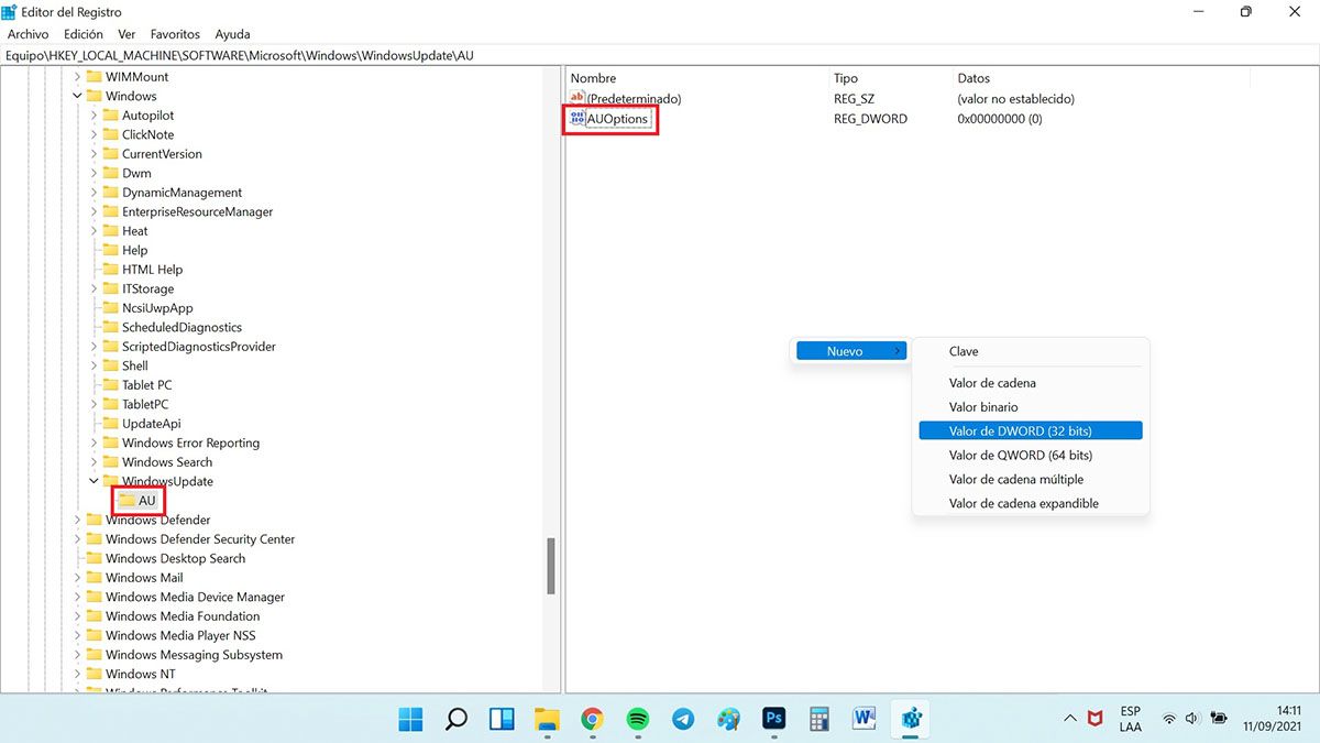 desactivar las actualizaciones en windows 11 editor registro auoptions