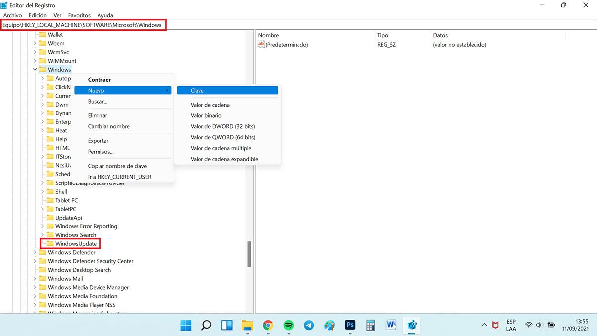 desactivar las actualizaciones en windows 11 editor registro clave windowsupdate