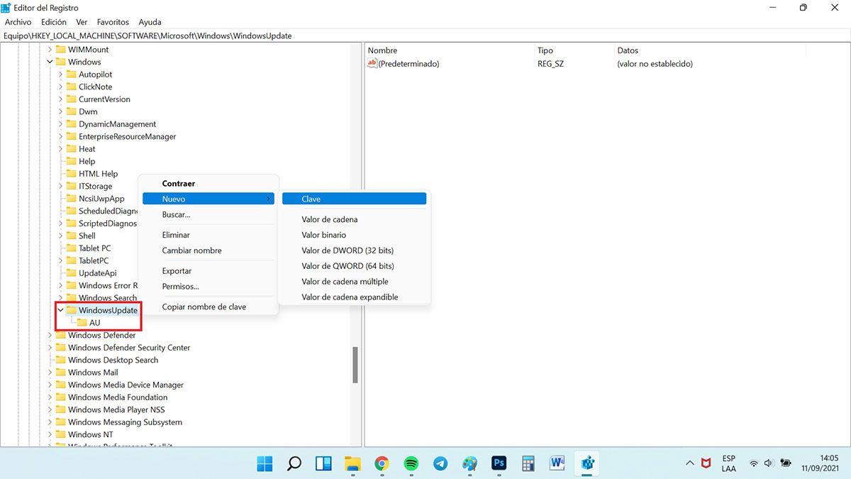 desactivar las actualizaciones en windows 11 editor registro subclave au