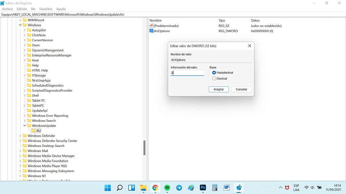 desactivar las actualizaciones en windows 11 editor registro valor auoptions