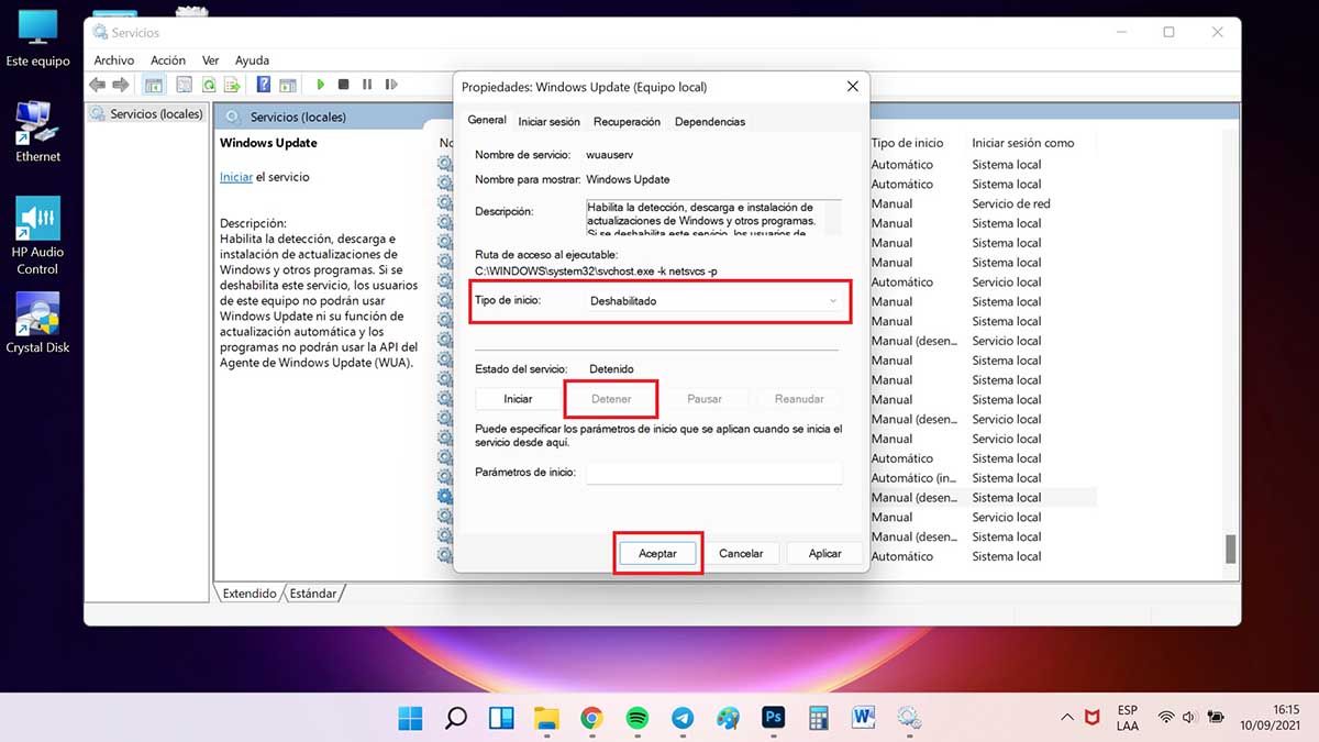 desactivar las actualizaciones en windows 11 services detener y deshabilitar