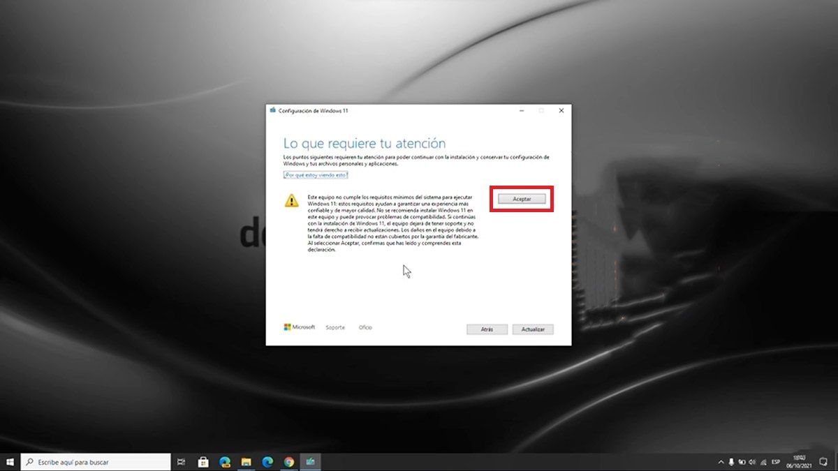 actualizar de w10 a w11 en un PC no compatible mensaje windows 11