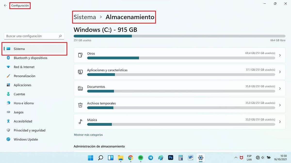 liberar espacio en Windows 11 configuracion lista