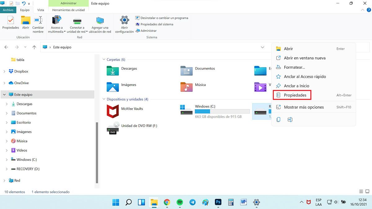 liberar espacio en Windows 11 por propiedades disco