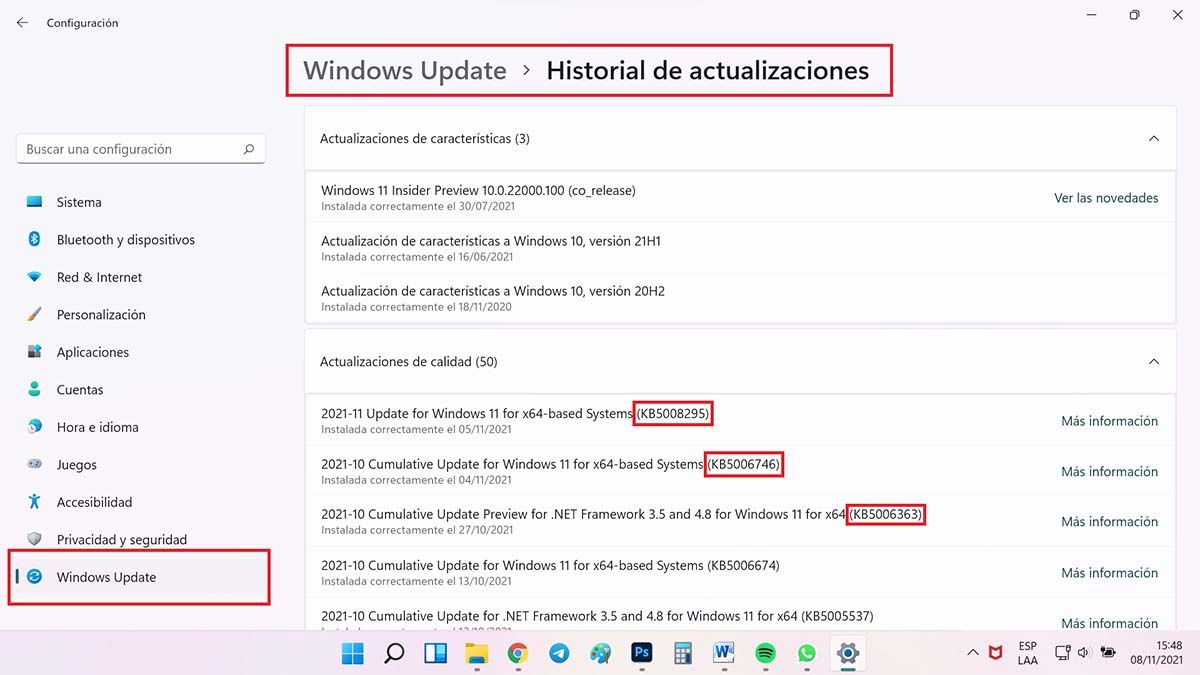 desinstalar actualizaciones en windows 11 configuracion historial