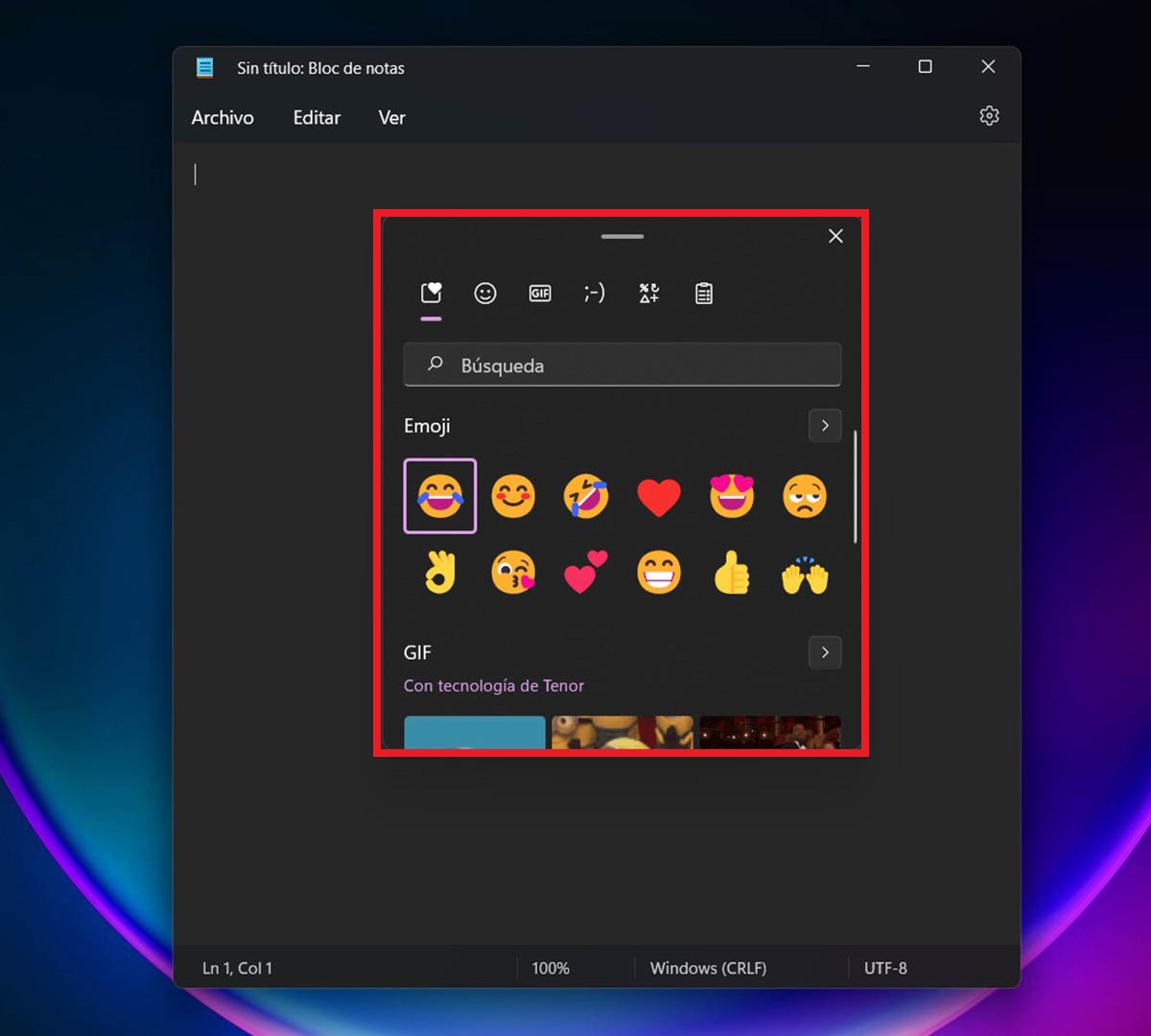 Pantalla de emojis en Windows 11