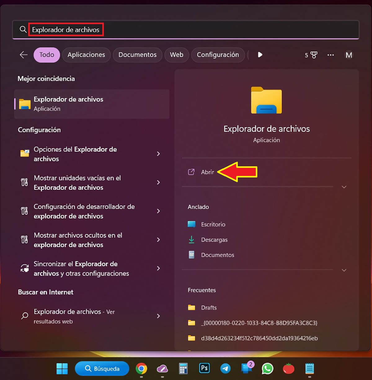 Usar el buscador para entrar el explorador de archivos Windows 11