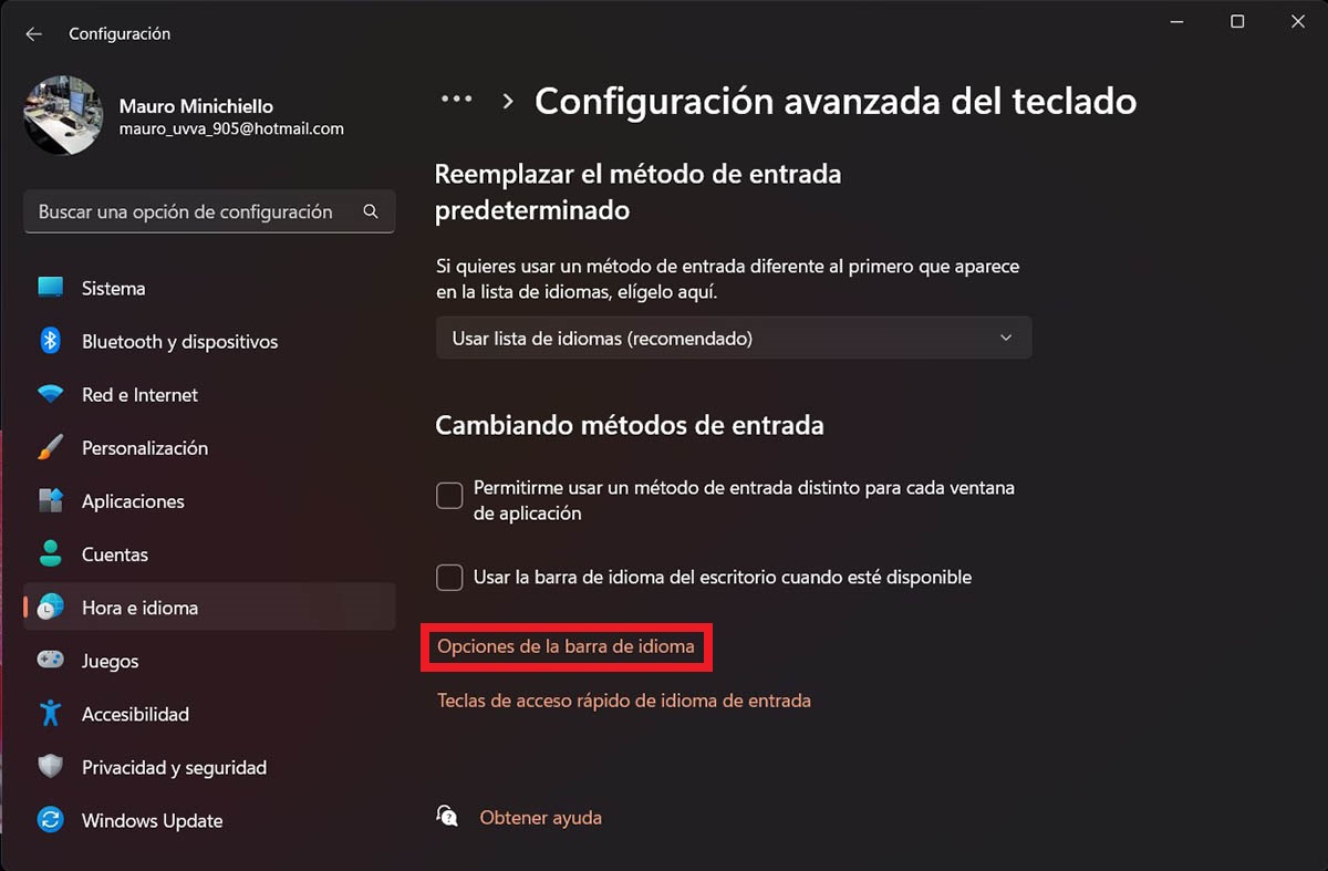 Opciones de la barra de idioma Windows 11
