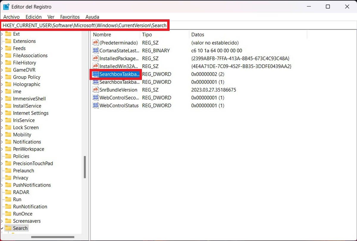 Editar parametros cuadro de busqueda Windows 11