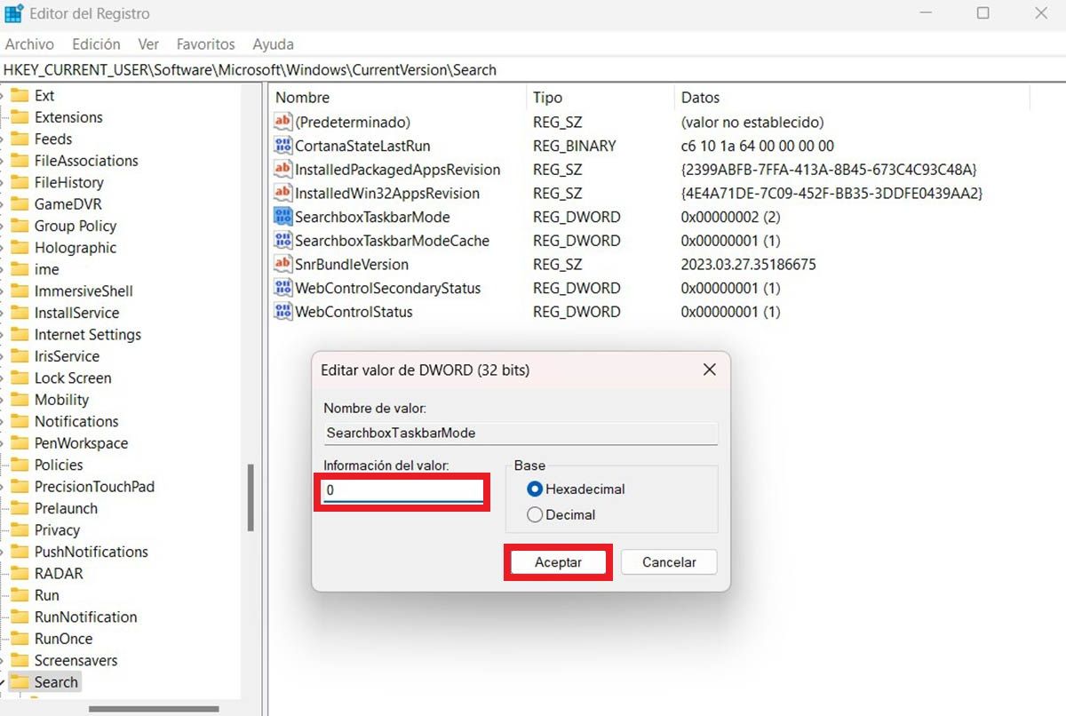 Eliminar buscardor de la barra de tareas en Windows 11