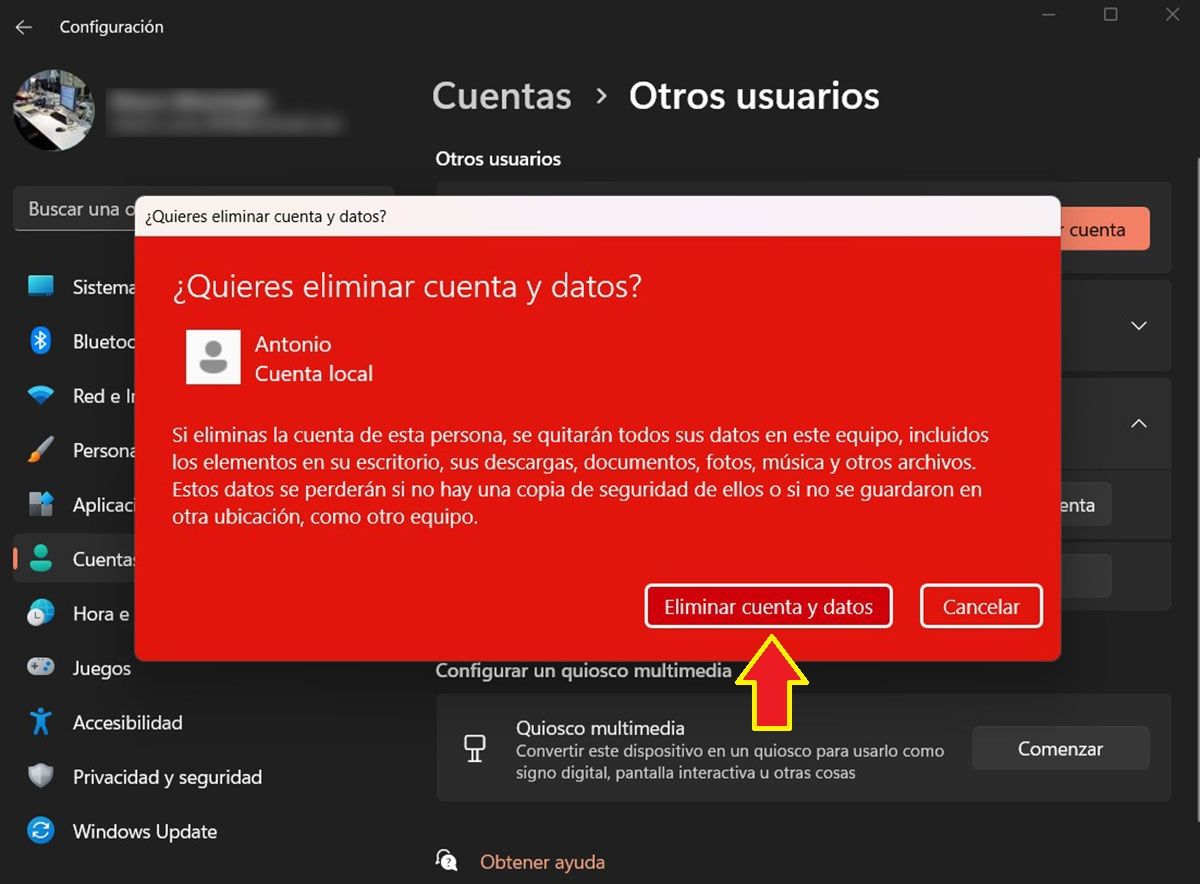 Eliminar cuenta y datos de usuario en Windows 11