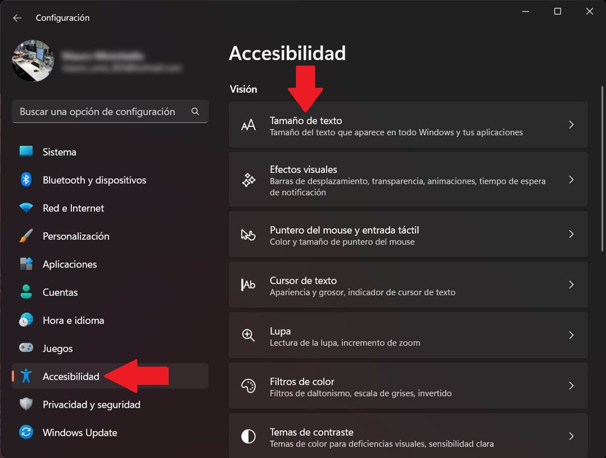 Ver ajustes de accesibilidad y tamaño de texto en Windows 11