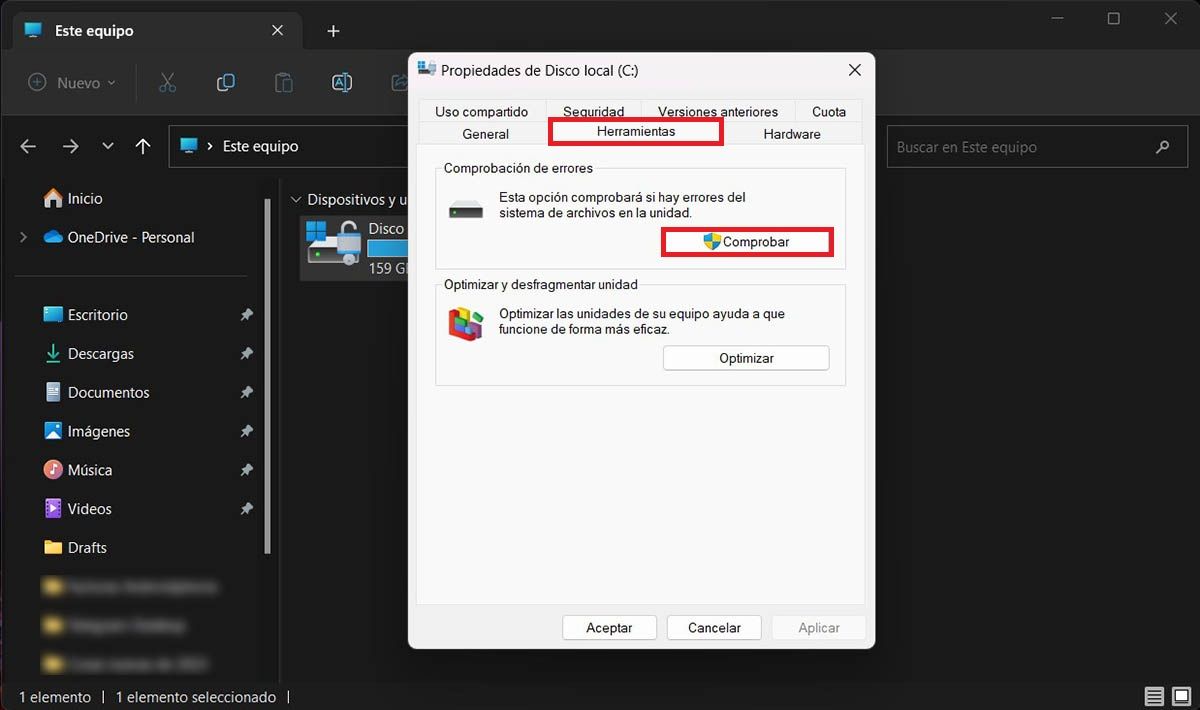 Comprobar errores unidad de almacenamiento Windows 11