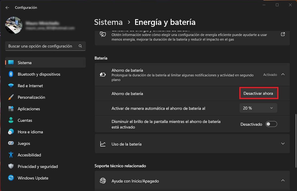 Desactivar el modo Ahorro de batería en Windows 11