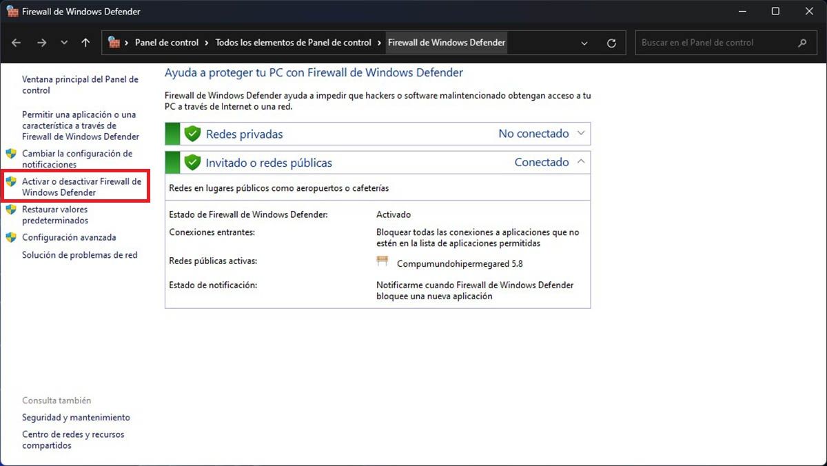Activar o desactivar el Firewall Windows 11