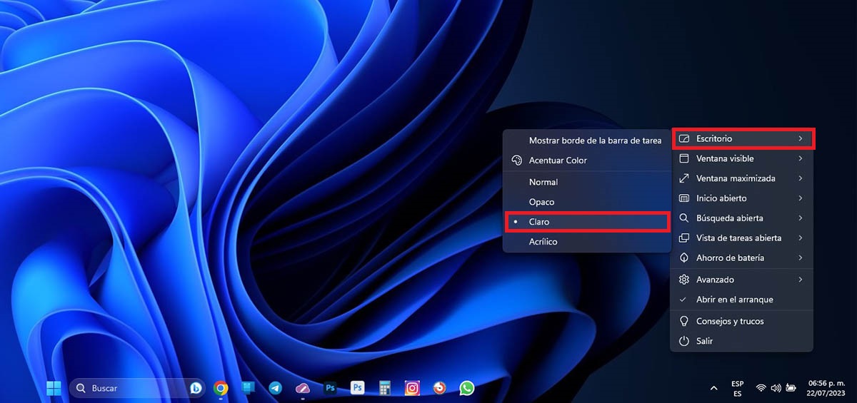 Poner la barra de tareass transparente en Windows 11
