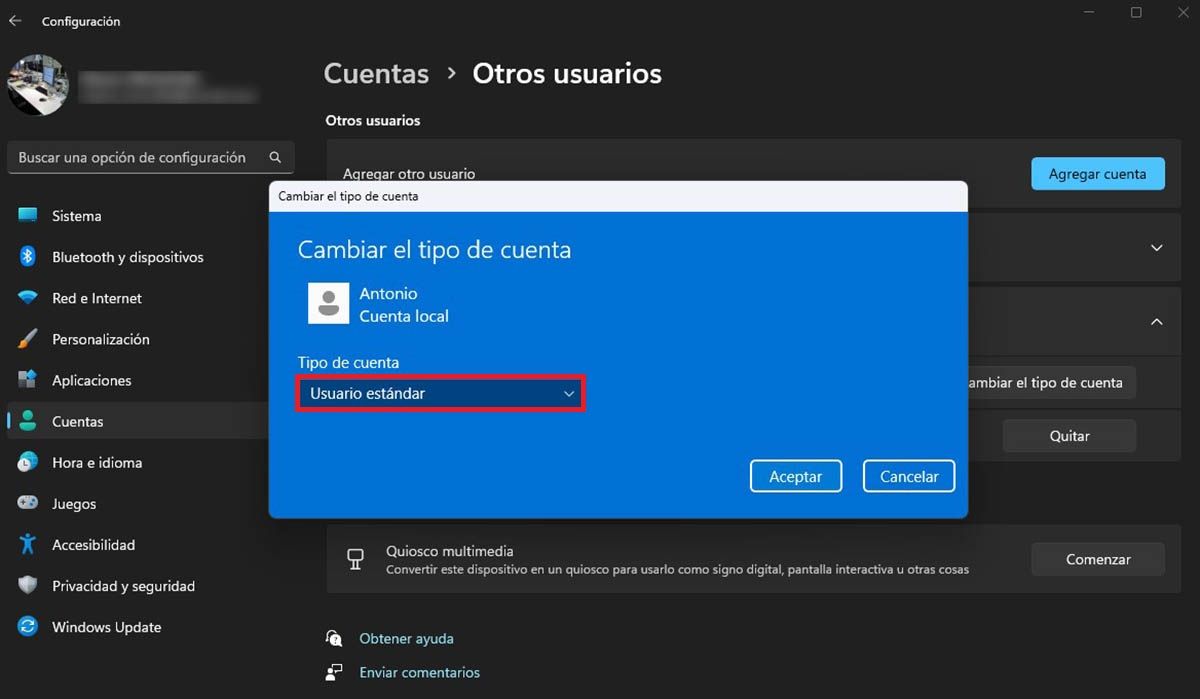 Cambiar el tipo de usuario en Windows 11
