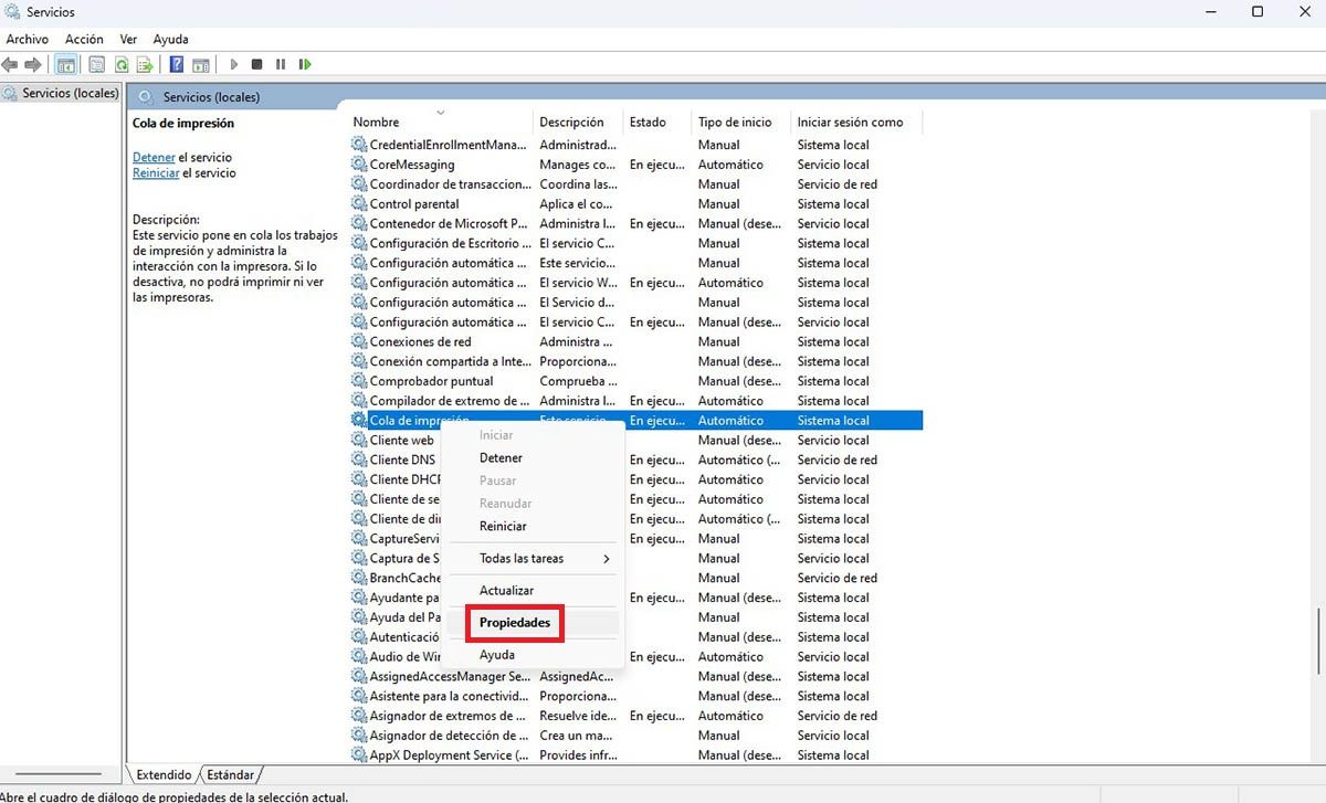 Ver las propiedades de un servicio en Windows 11