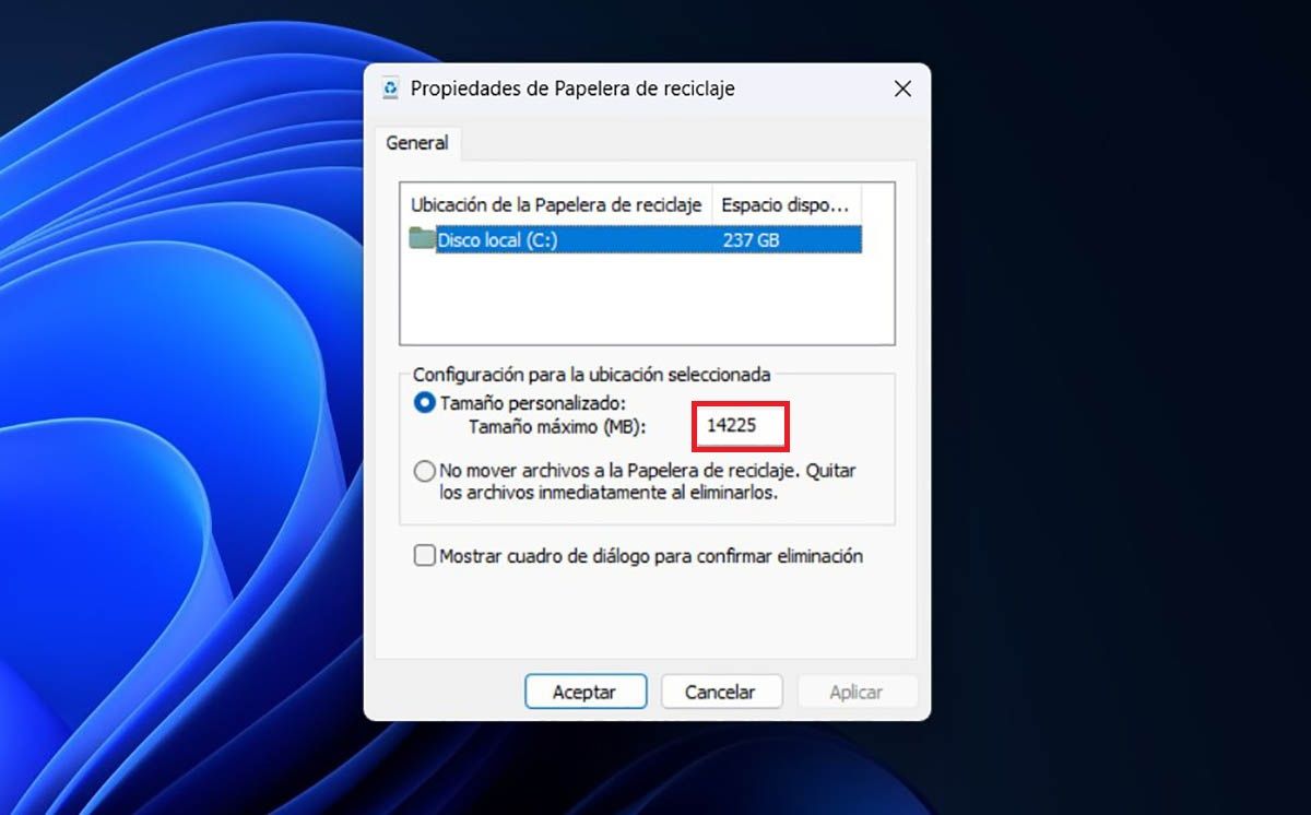 Cambiar el tamaño de la Papalera de reciclaje Windows 11