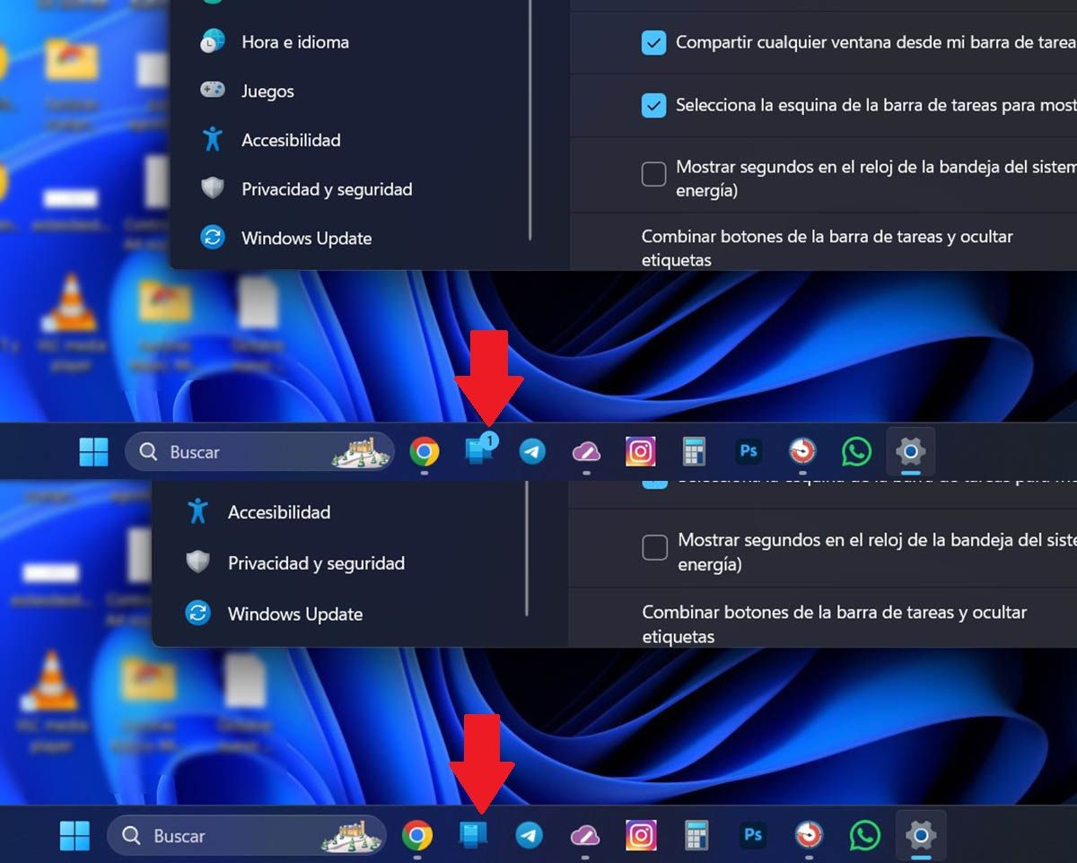 Distintivos activados y desactivados en la barra de tareas Windows 11