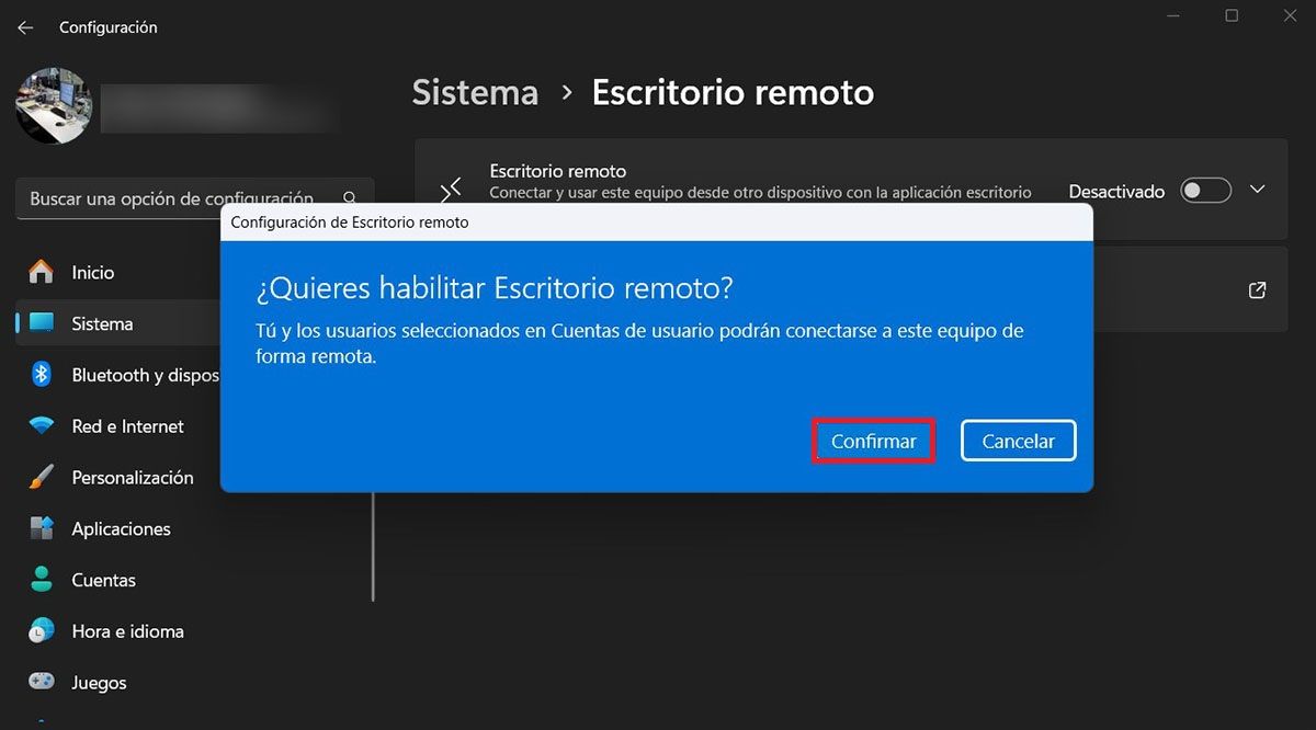 Confirmar escritorio remoto Windows 11