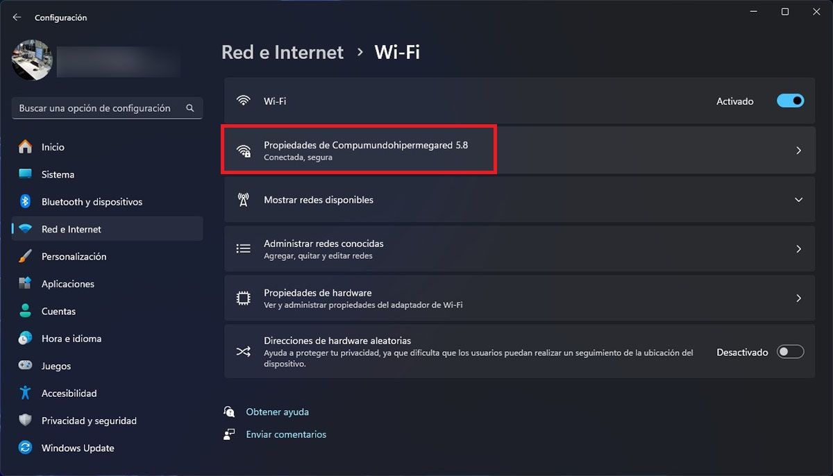 Propiedades de la red WiFi en Windows 11