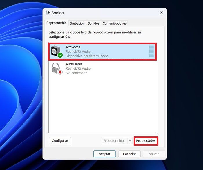 Propiedades de los altavoces Windows 11