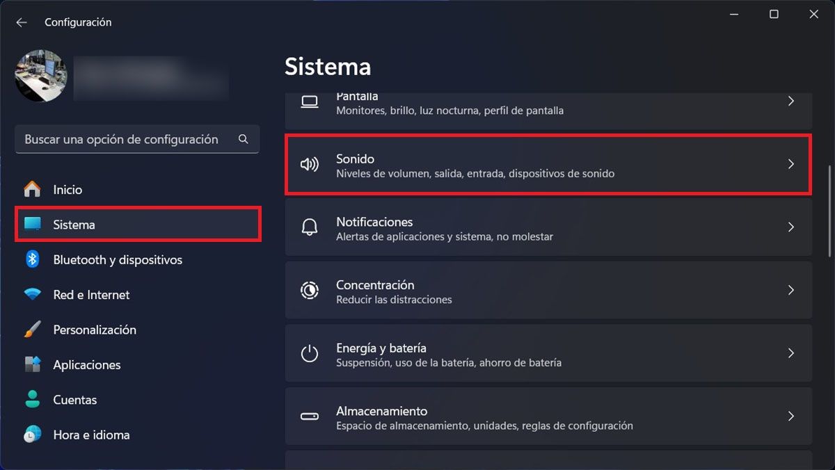 Opciones de sonido Windows 11