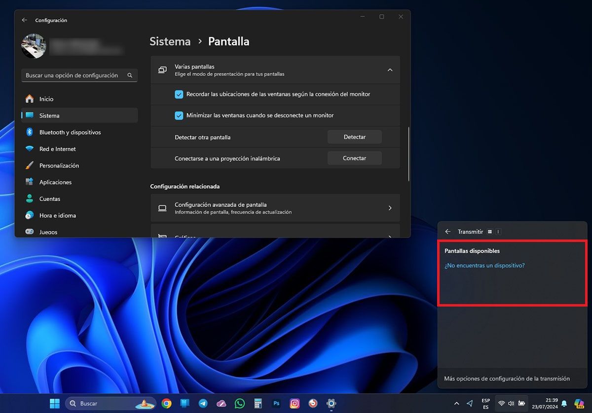 Seleccionar pantalla inalámbrica Windows 11