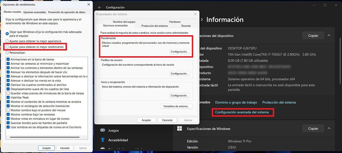 Cambiar ajustes de rendimiento Windows 11