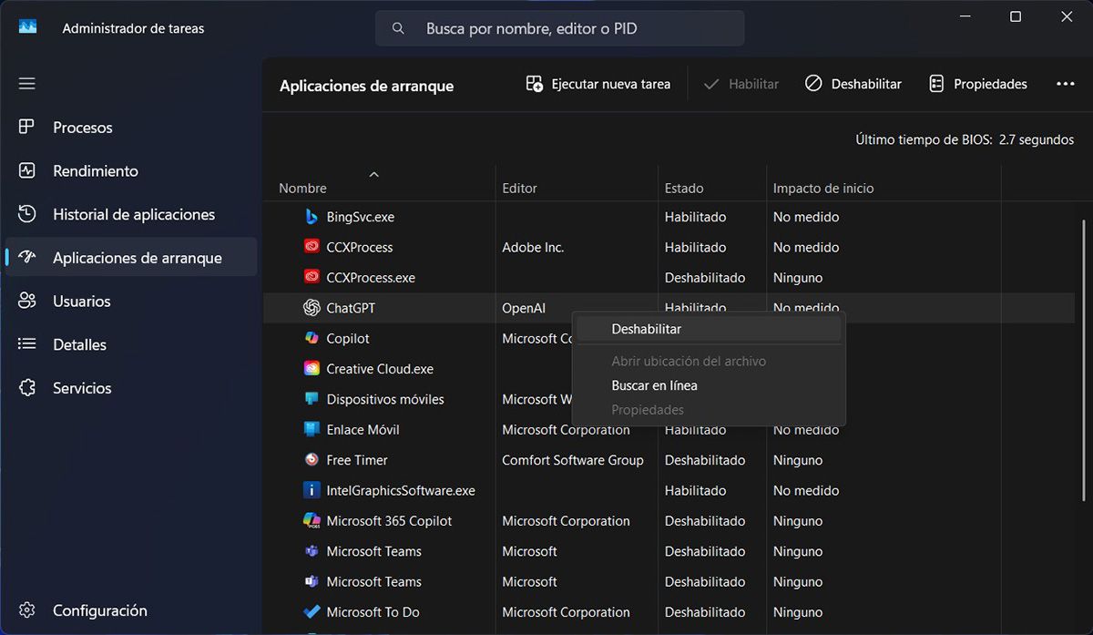 Deshabilitar apps de inicio Windows 11