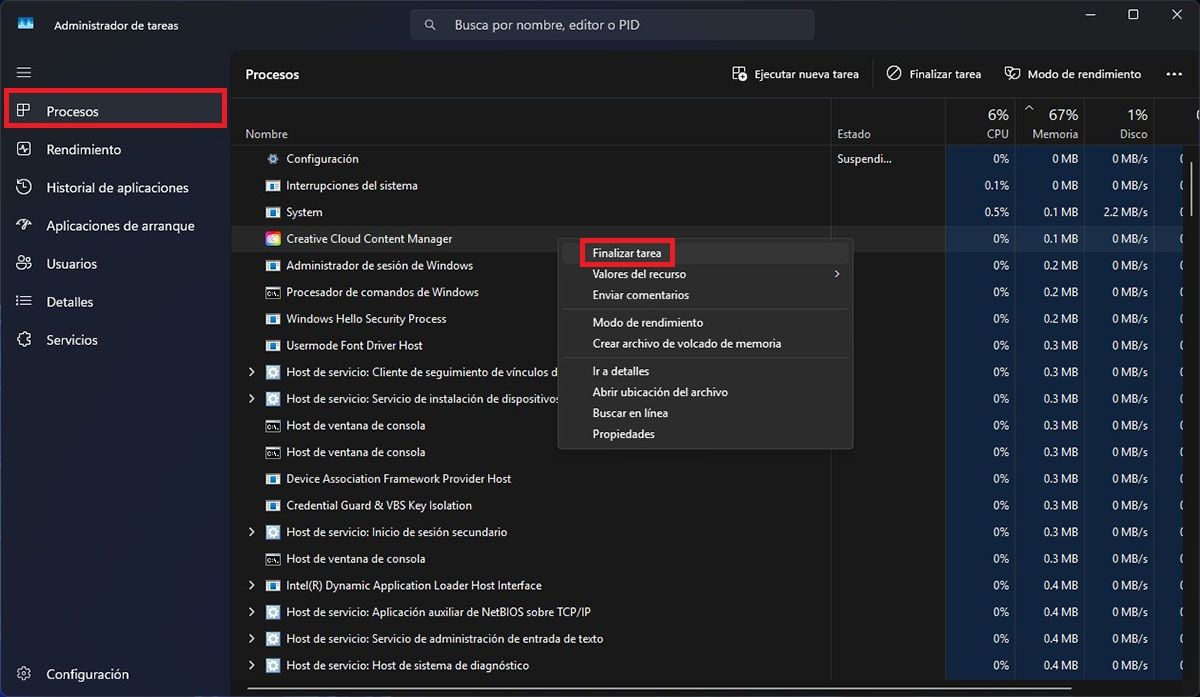 Cerrar procesos para liberar memoria RAM Windows 11