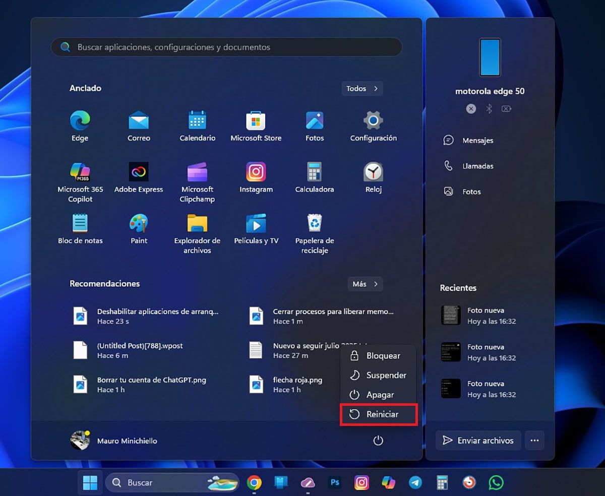 Reiniciar PC para liberar memoria RAM Windows 11