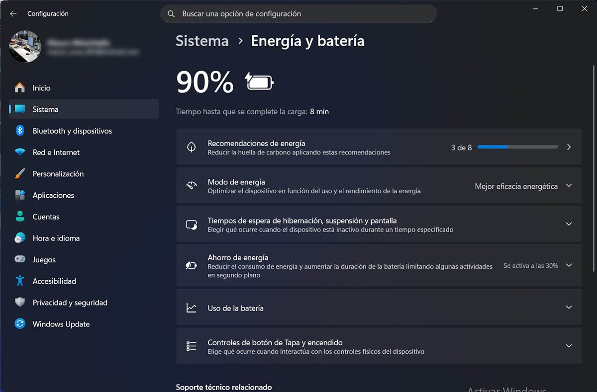 Ajustes de energía y batería Windows 11
