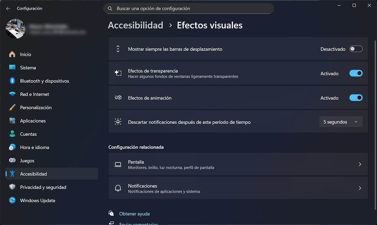 Desactiva efectos visuales y animaciones