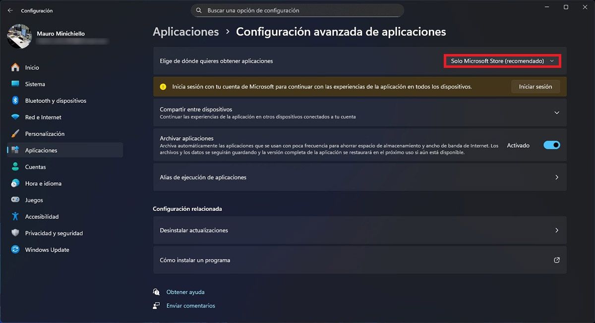 Cambiar ajuste de instalación de aplicaciones