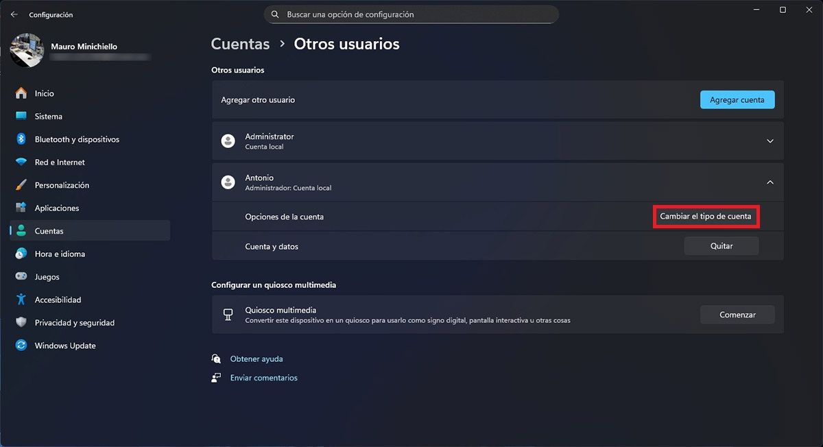 Cambiar el tipo de cuenta Windows 11