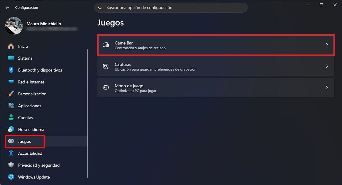 Ir a las opciones de Game Bar de Windows 11