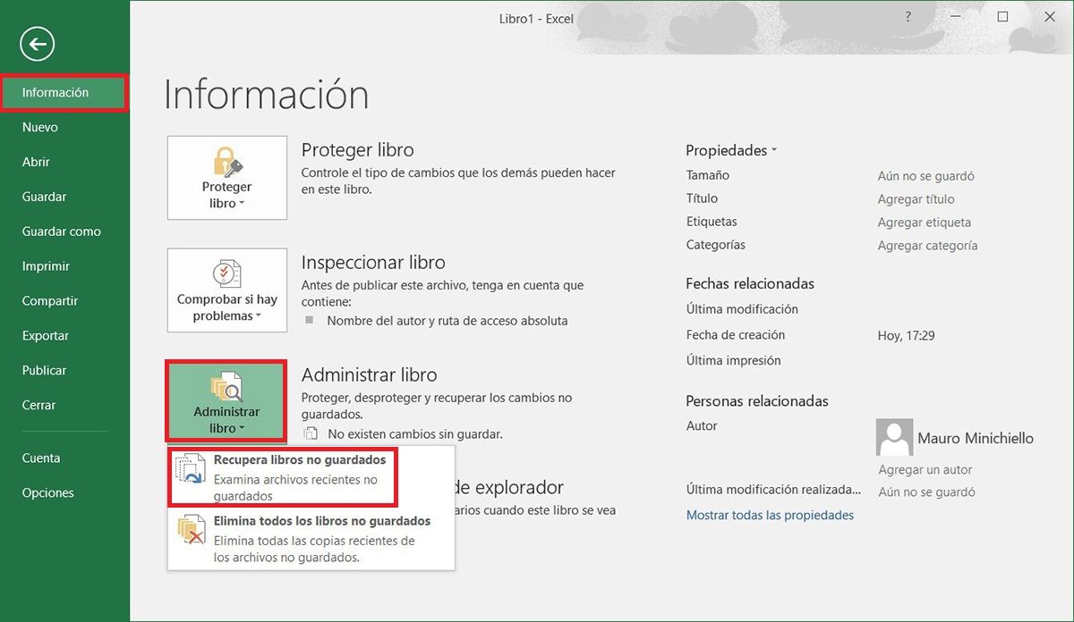 Recuperar libros no guardados Excel