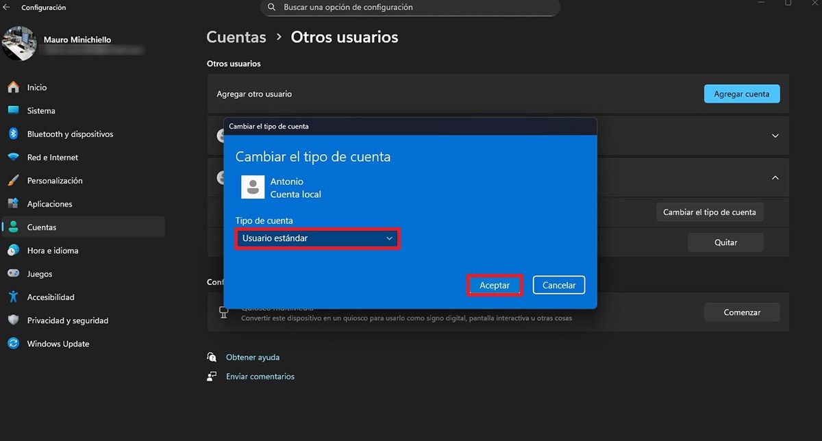 Seleccionar usuario estándar cuenta Windows 11