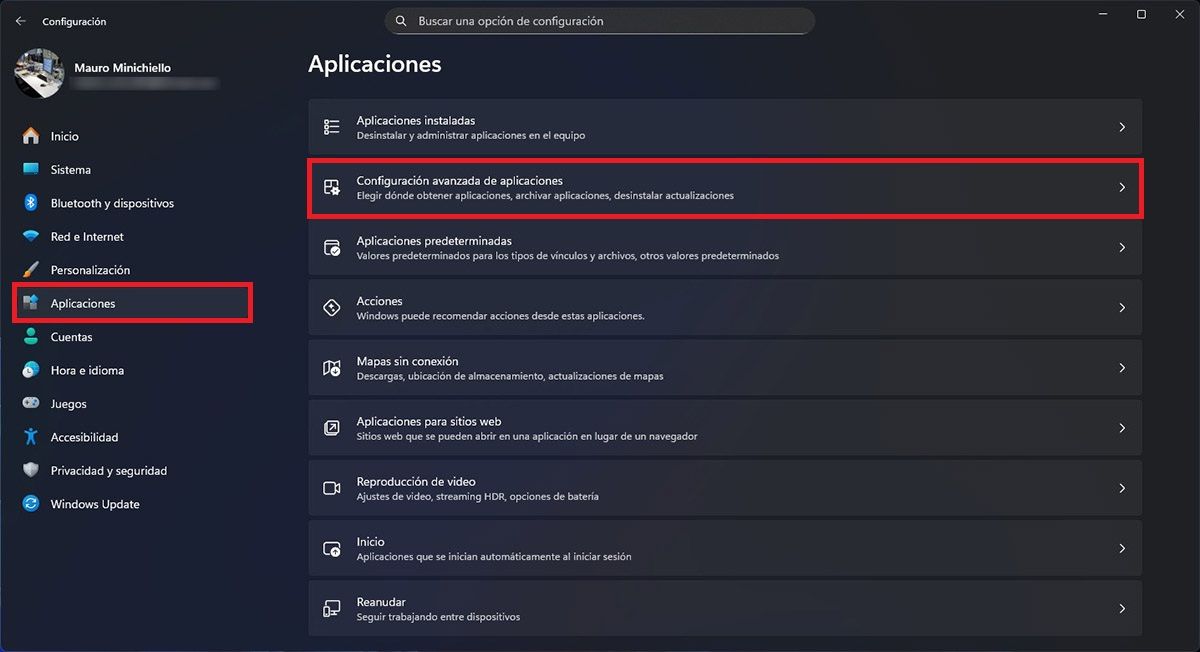 Ver opciones avanzadas de aplicaciones