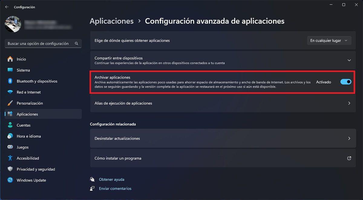 Archivar aplicaciones en Windows 11