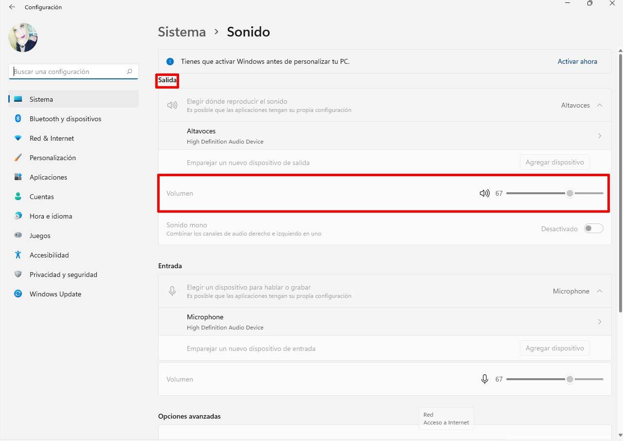 Configuración de sonido en Windows 11