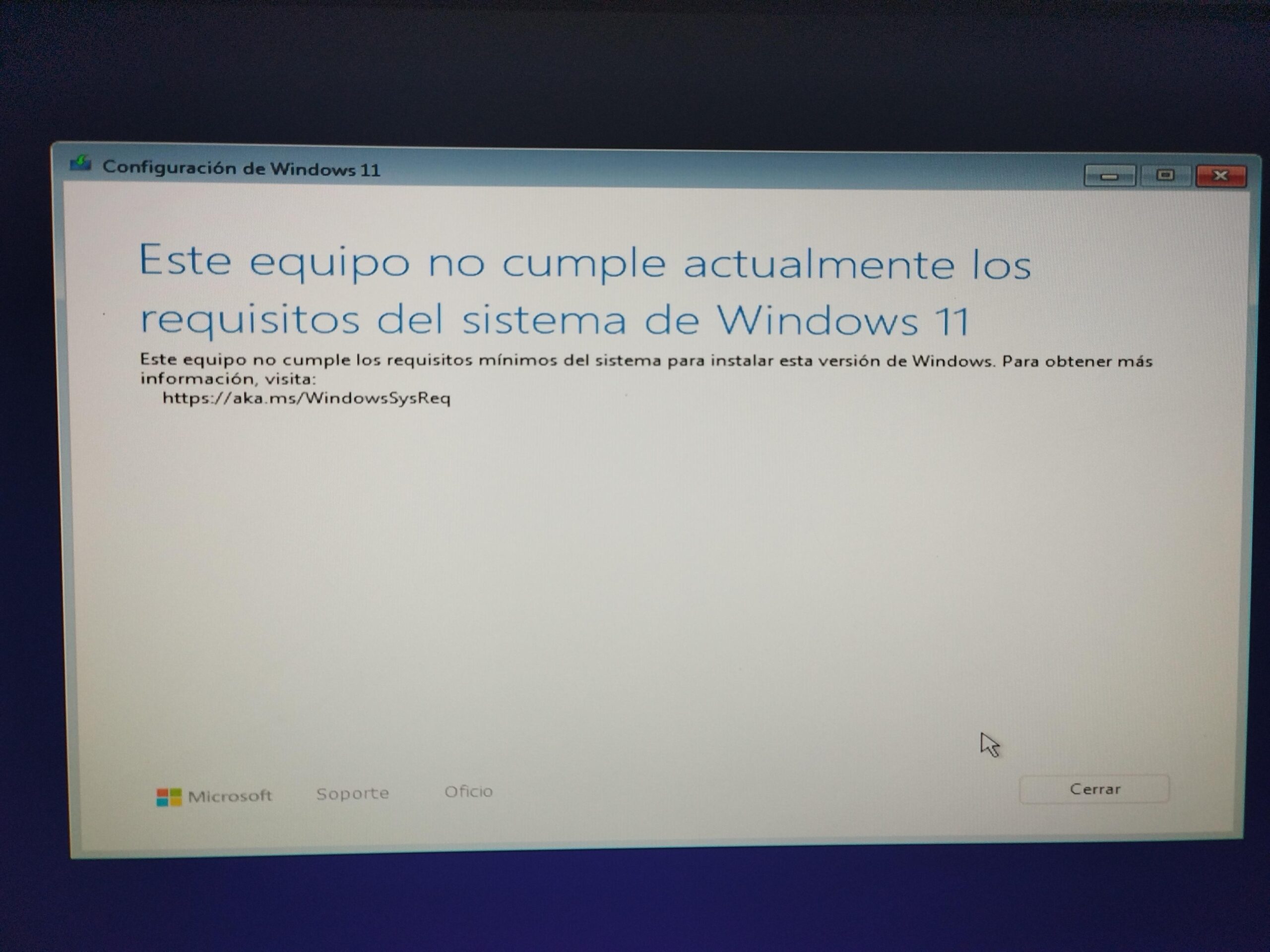 Mensaje de equipo no compatible con Windows 11