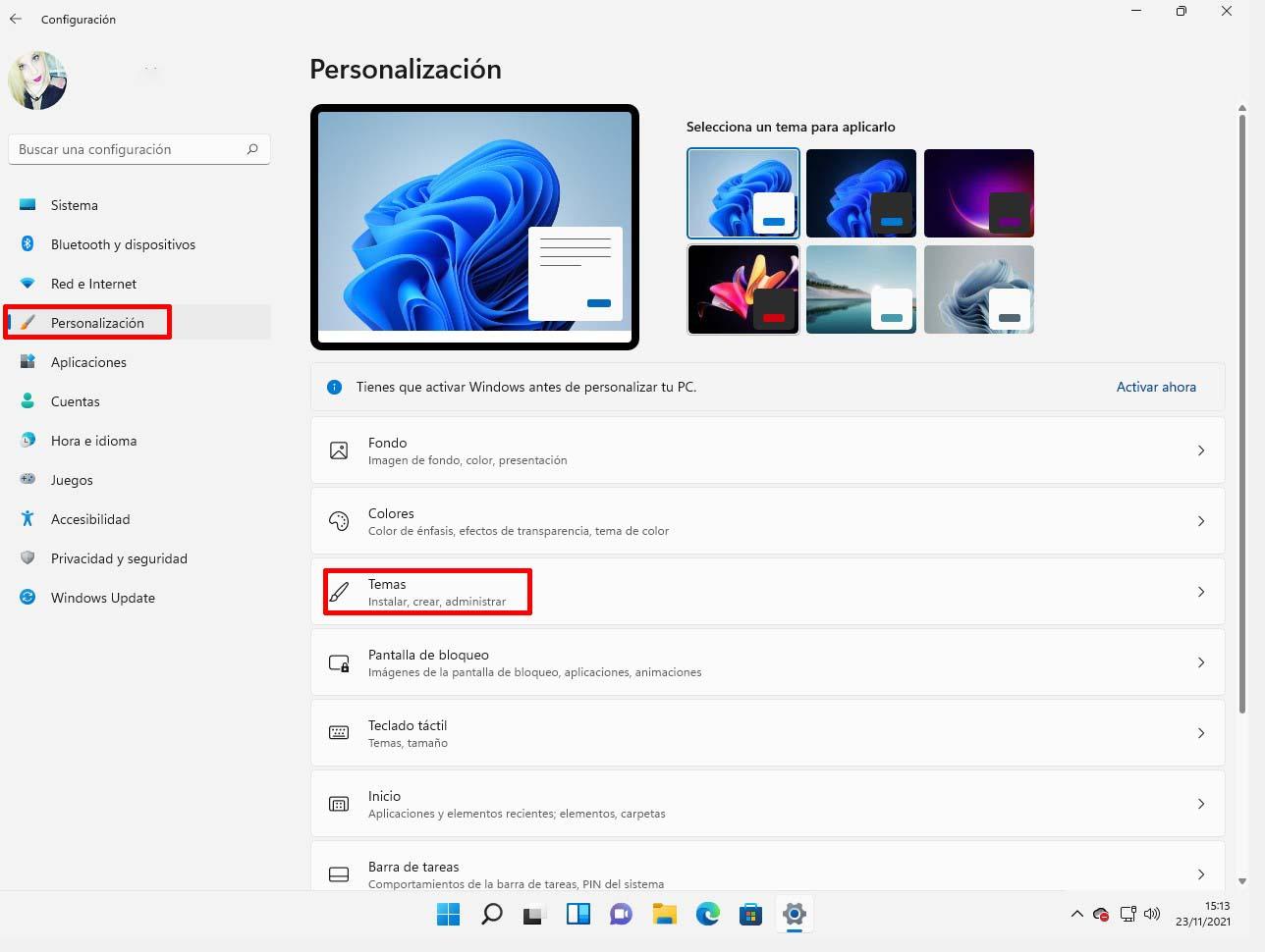 Personalizar tema de escritorio en Windows 11
