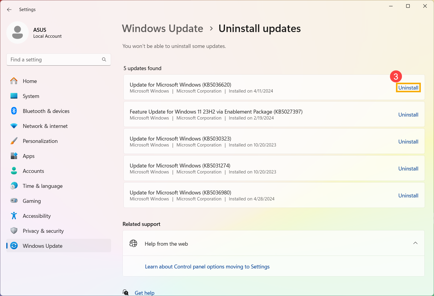 Menú de aplicaciones y características en Windows 11